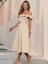 Casual Short Sleeve Open Shoulder Ruffles Off-Shoulder Belted Midi Dress