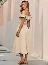 Casual Short Sleeve Open Shoulder Ruffles Off-Shoulder Belted Midi Dress