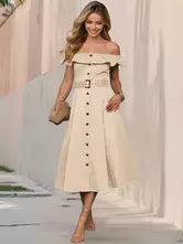 Casual Short Sleeve Open Shoulder Ruffles Off-Shoulder Belted Midi Dress