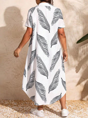 Casual Appliques Short Sleeve Plus Size Leaf Print Collared Printed Dress