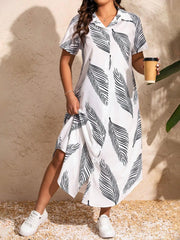 Casual Appliques Short Sleeve Plus Size Leaf Print Collared Printed Dress