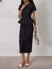 Casual Short Sleeve Shirt With High Waist Midi Slim Print Skirts Set Two Piece