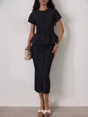 Casual Short Sleeve Shirt With High Waist Midi Slim Print Skirts Set Two Piece