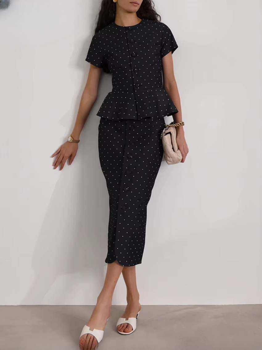 Casual Short Sleeve Shirt With High Waist Midi Slim Print Skirts Set Two Piece