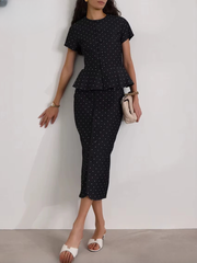 Casual Short Sleeve Shirt With High Waist Midi Slim Print Skirts Set Two Piece