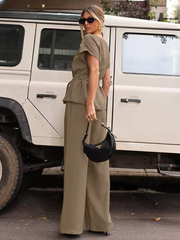 Casual Short Sleeve Shirt With High Waist Wide Pants Two Pieces Set