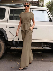 Casual Short Sleeve Shirt With High Waist Wide Pants Two Pieces Set