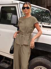 Casual Short Sleeve Shirt With High Waist Wide Pants Two Pieces Set