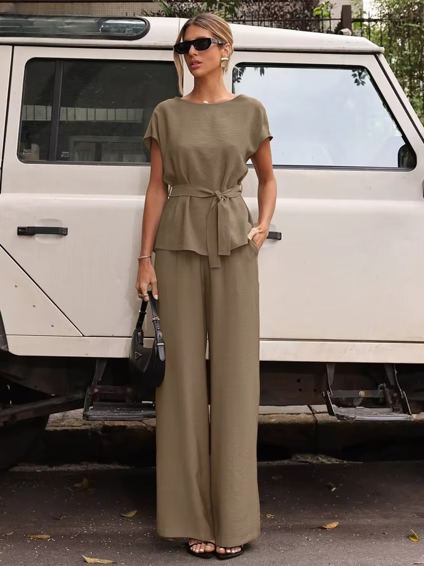 Casual Short Sleeve Shirt With High Waist Wide Pants Two Pieces Set