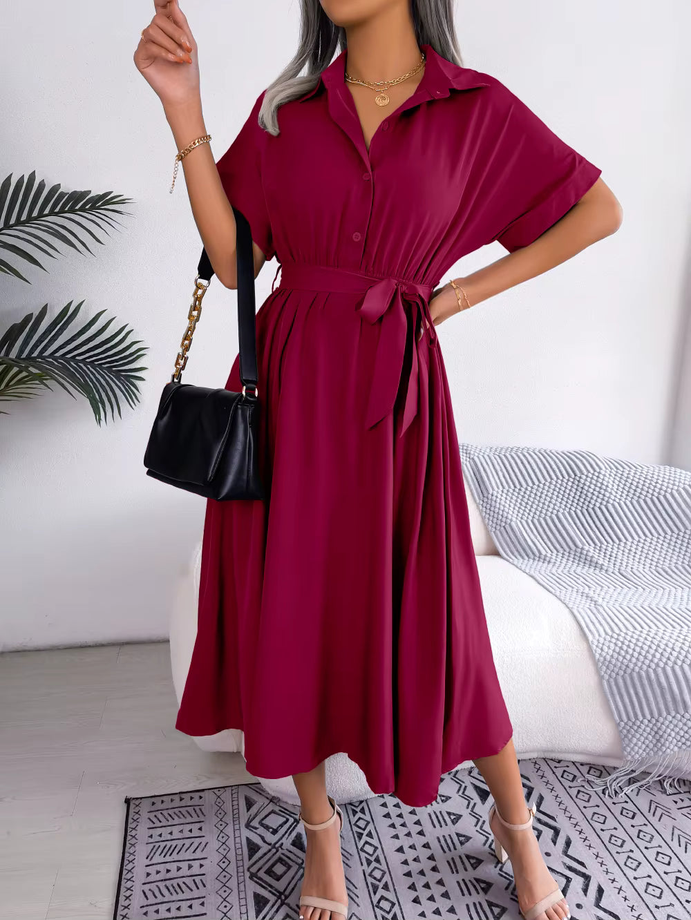 Casual Short Sleeve Slim Waist Shirt Turn-down Collar Midi Dress