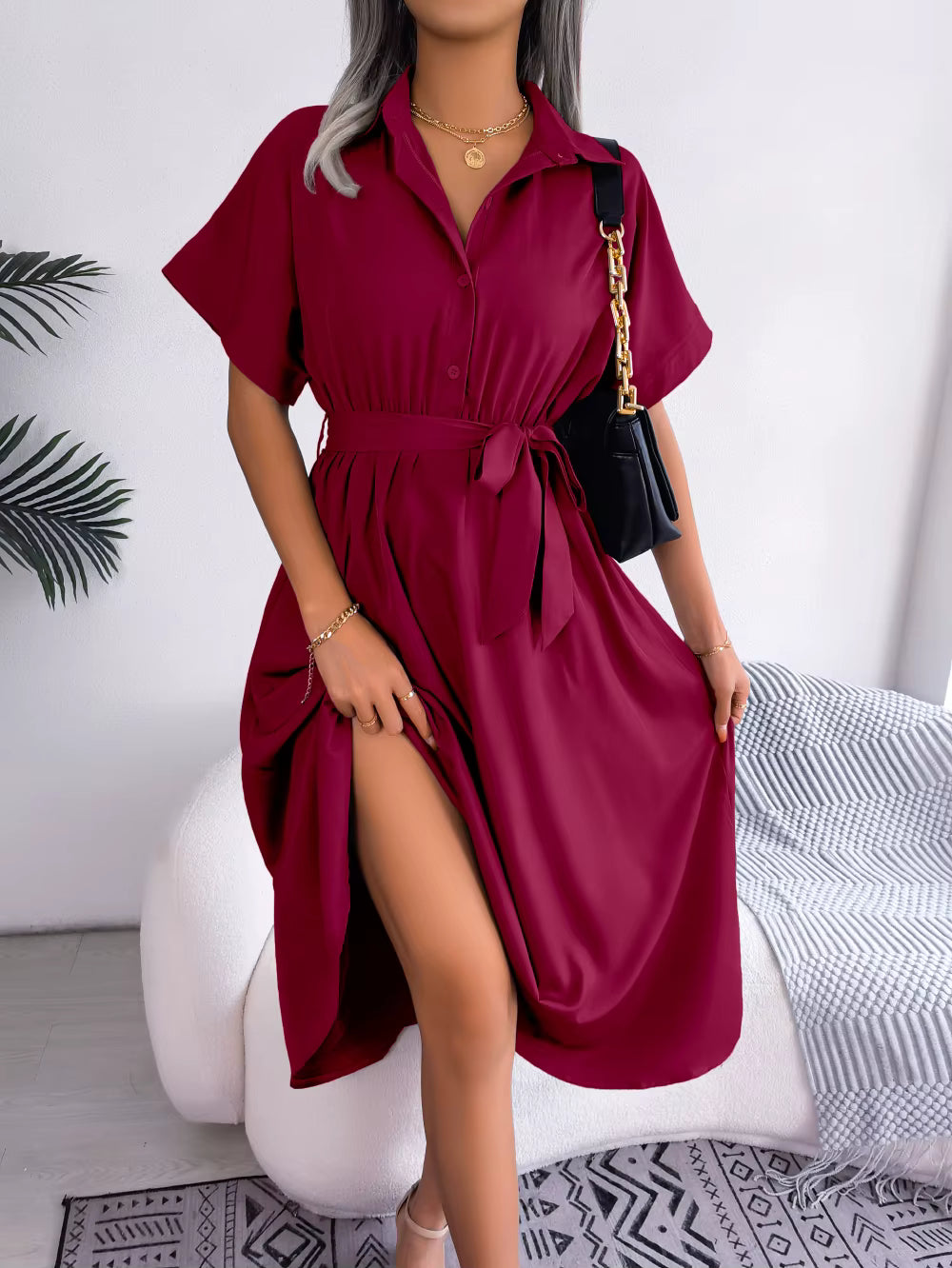 Casual Short Sleeve Slim Waist Shirt Turn-down Collar Midi Dress