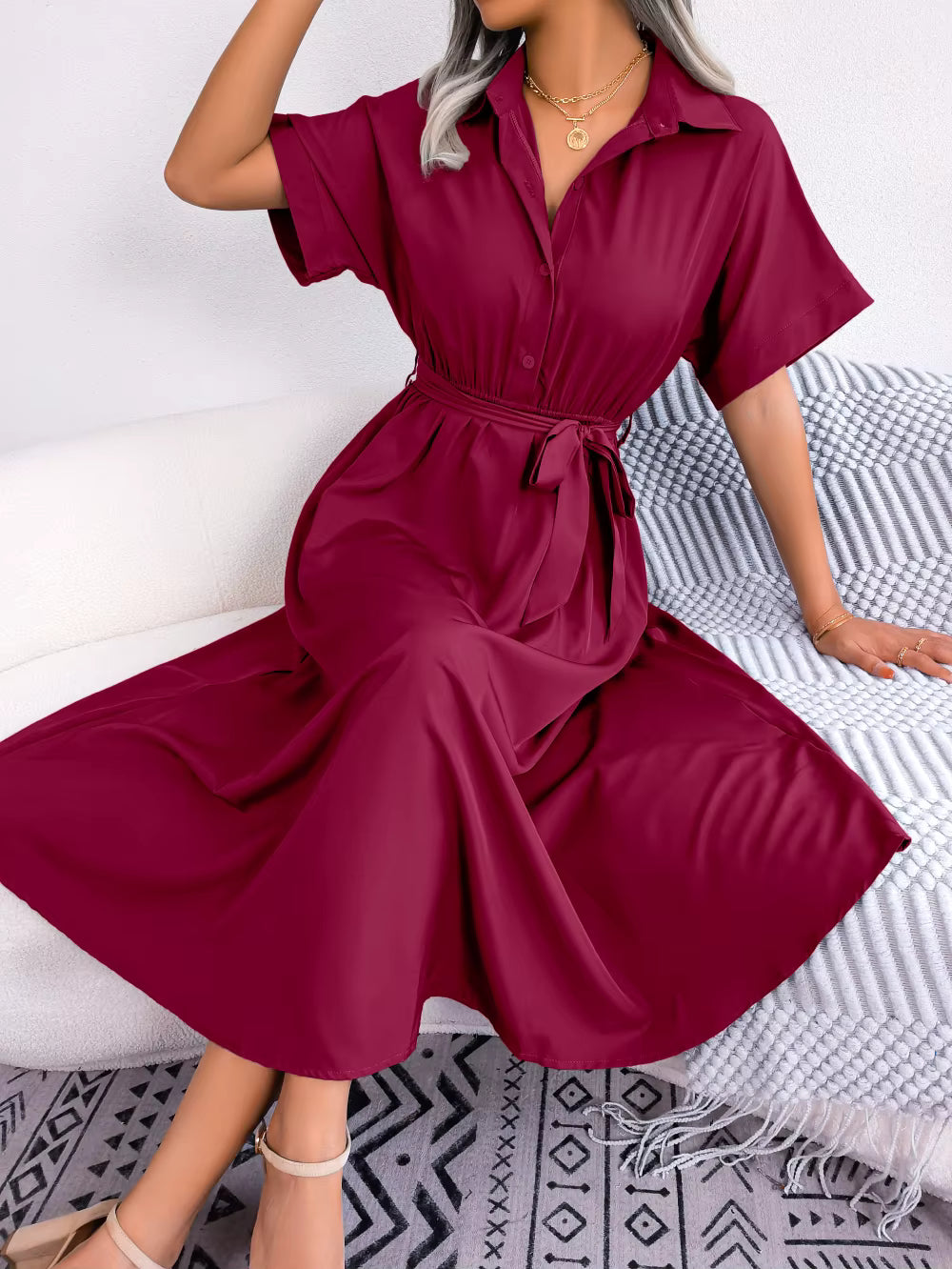 Casual Short Sleeve Slim Waist Shirt Turn-down Collar Midi Dress
