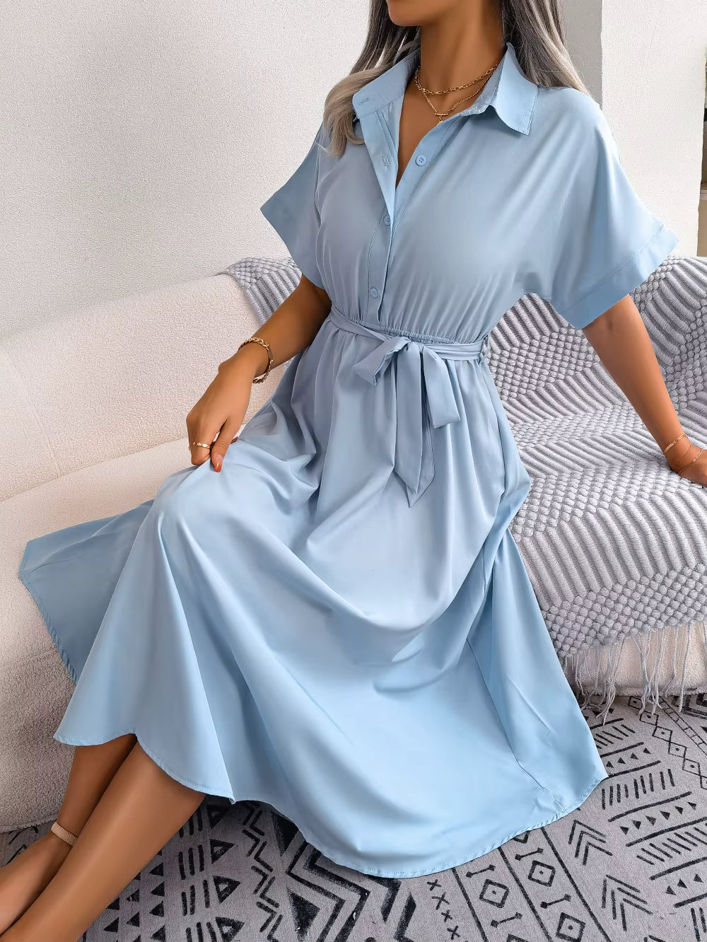 Casual Short Sleeve Slim Waist Shirt Turn-down Collar Midi Dress