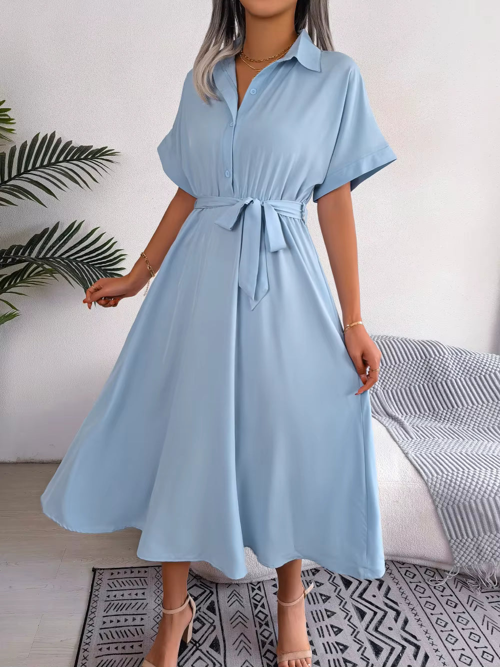 Casual Short Sleeve Slim Waist Shirt Turn-down Collar Midi Dress