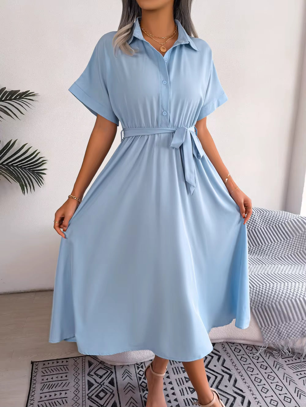Casual Short Sleeve Slim Waist Shirt Turn-down Collar Midi Dress