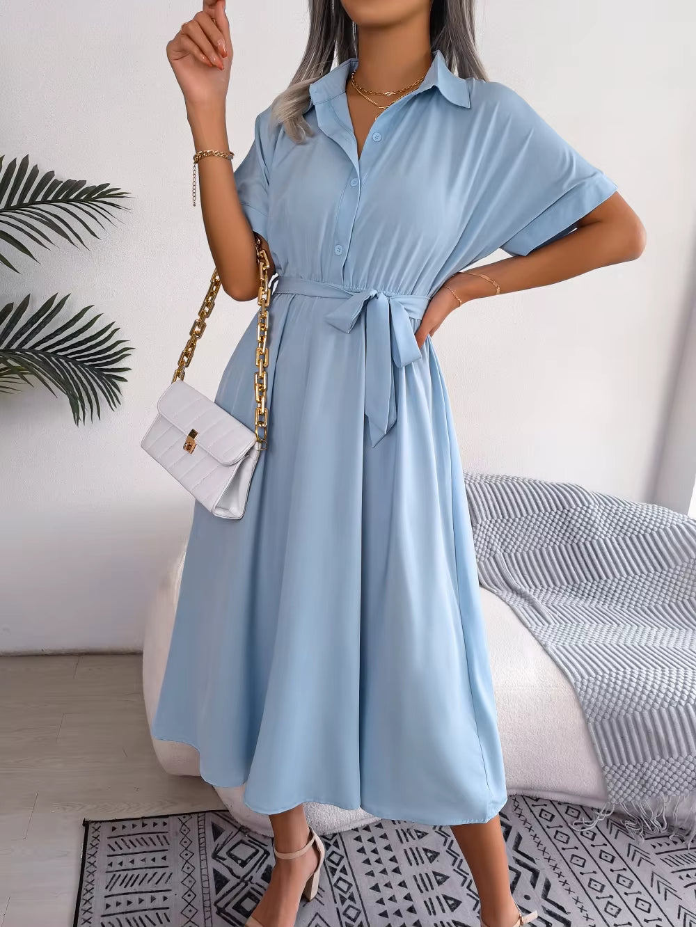 Casual Short Sleeve Slim Waist Shirt Turn-down Collar Midi Dress