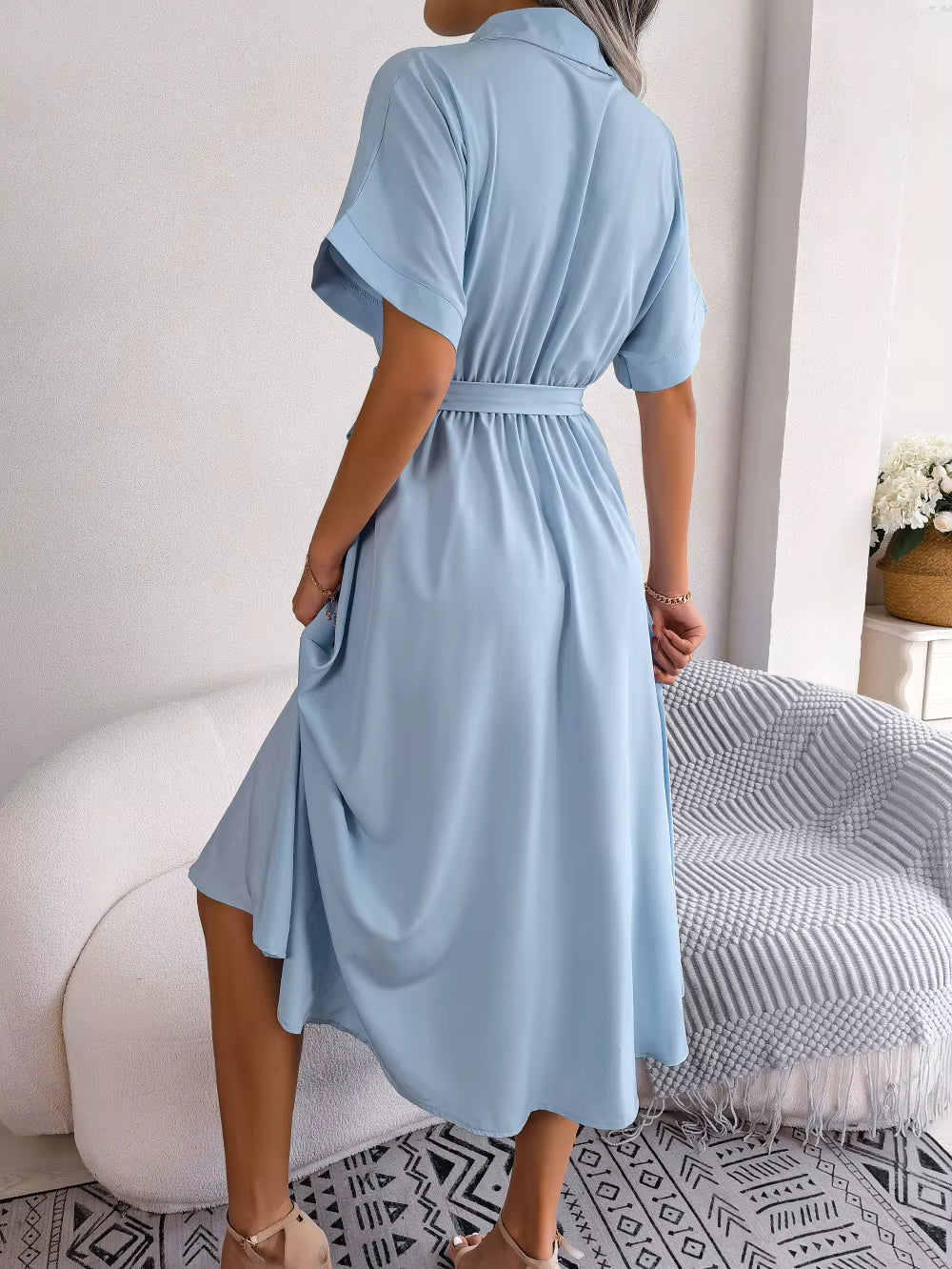 Casual Short Sleeve Slim Waist Shirt Turn-down Collar Midi Dress