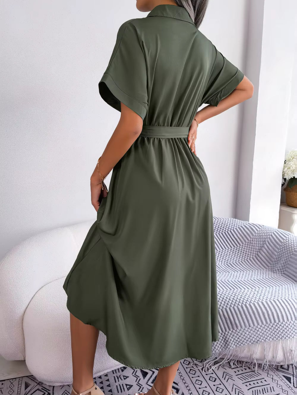 Casual Short Sleeve Slim Waist Shirt Turn-down Collar Midi Dress