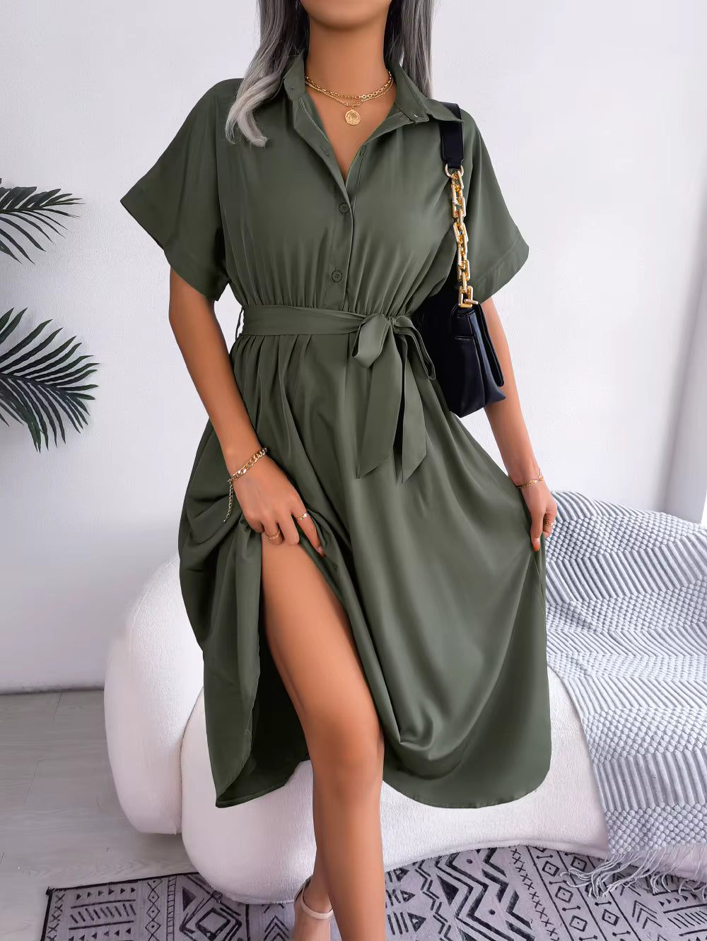 Casual Short Sleeve Slim Waist Shirt Turn-down Collar Midi Dress