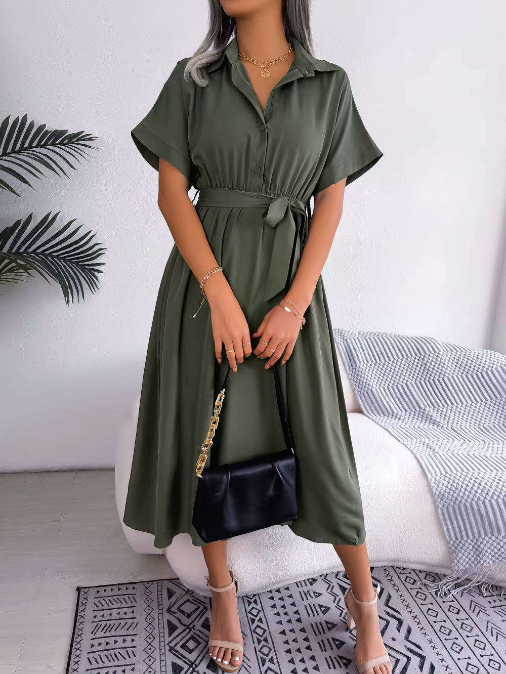 Casual Short Sleeve Slim Waist Shirt Turn-down Collar Midi Dress