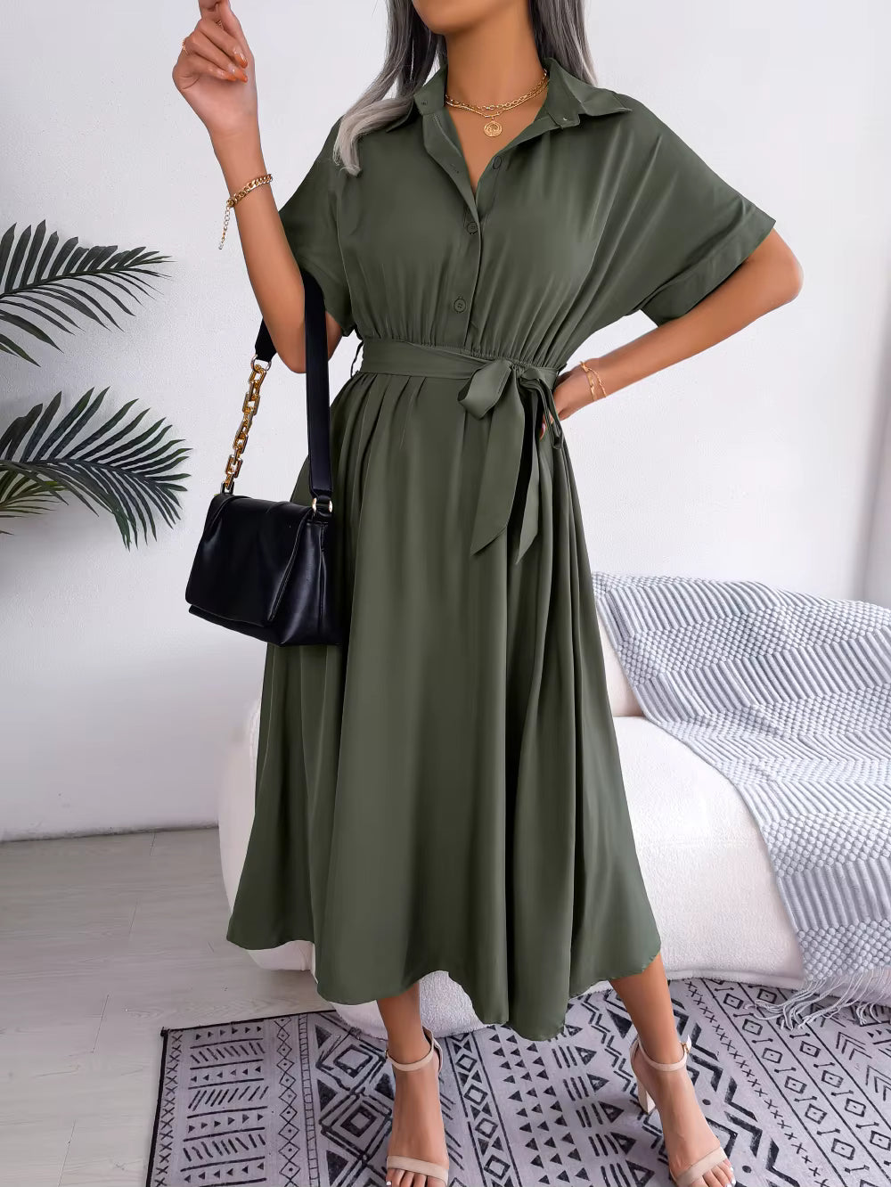Casual Short Sleeve Slim Waist Shirt Turn-down Collar Midi Dress