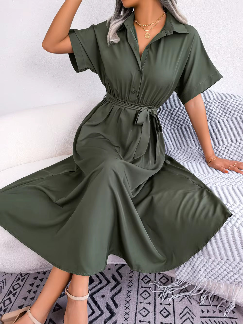 Casual Short Sleeve Slim Waist Shirt Turn-down Collar Midi Dress