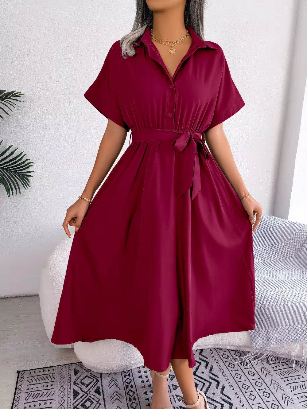 Casual Short Sleeve Slim Waist Shirt Turn-down Collar Midi Dress