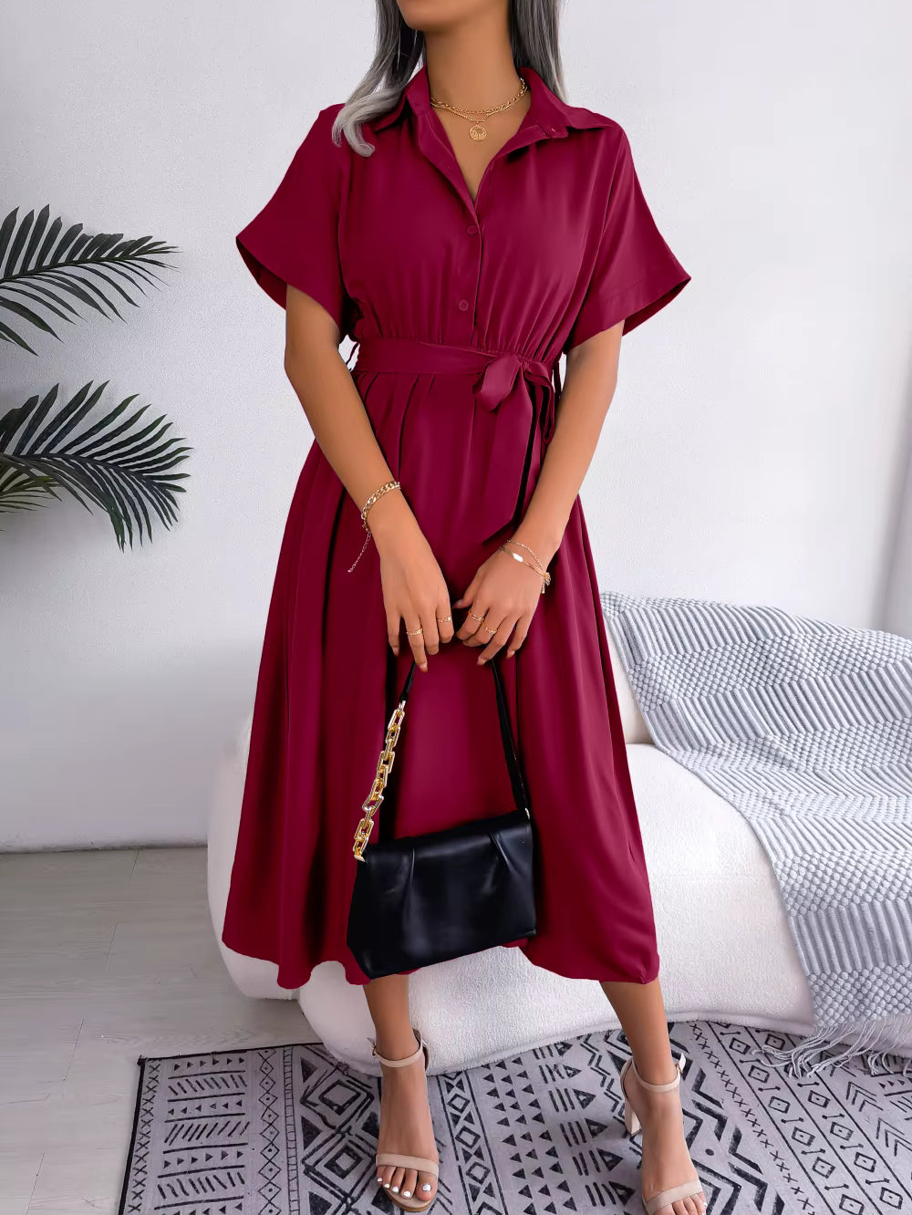 Casual Short Sleeve Slim Waist Shirt Turn-down Collar Midi Dress