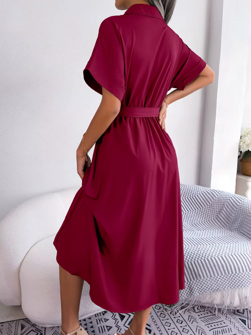 Casual Short Sleeve Slim Waist Shirt Turn-down Collar Midi Dress