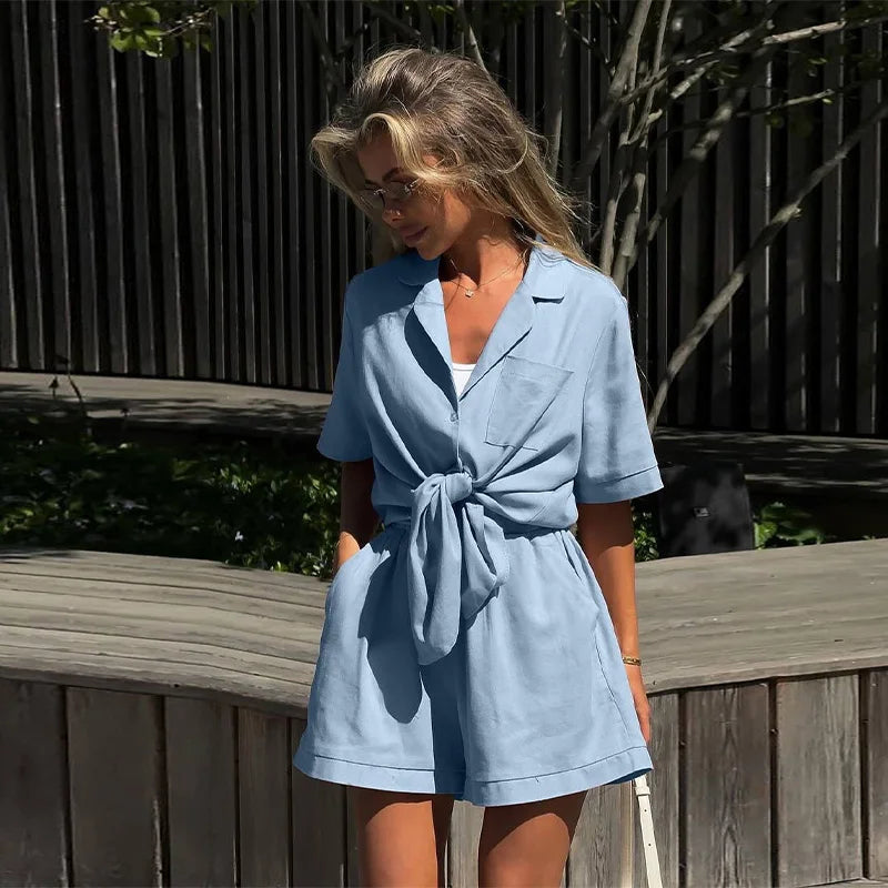 Casual Short Sleeve Turn-Down Collar Pocket Solid Lady Sets