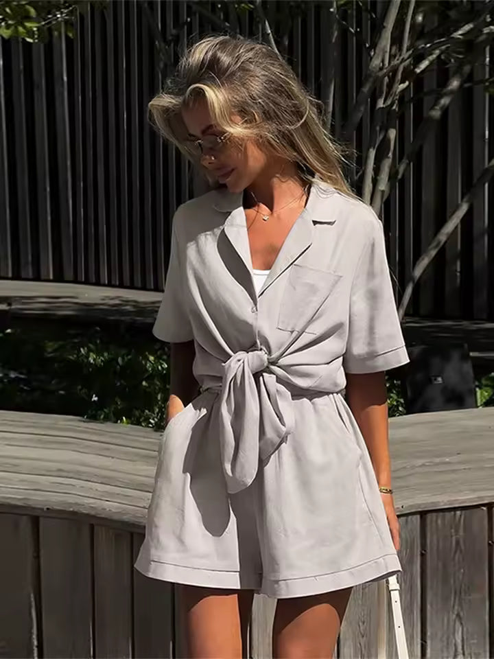 Casual Short Sleeve Turn-Down Collar Pocket Solid Lady Sets