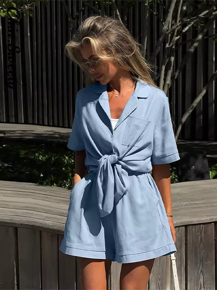 Casual Short Sleeve Turn-Down Collar Pocket Solid Lady Sets