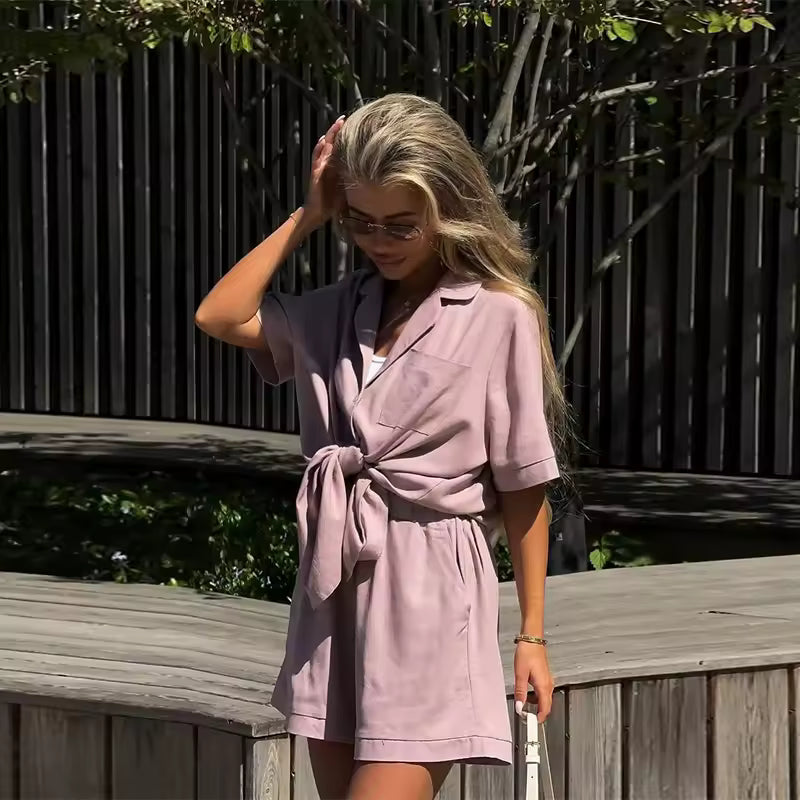 Casual Short Sleeve Turn-Down Collar Pocket Solid Lady Sets