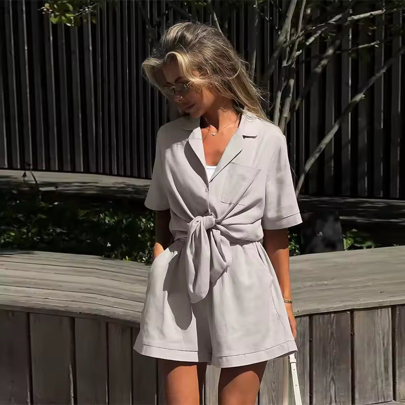 Casual Short Sleeve Turn-Down Collar Pocket Solid Lady Sets