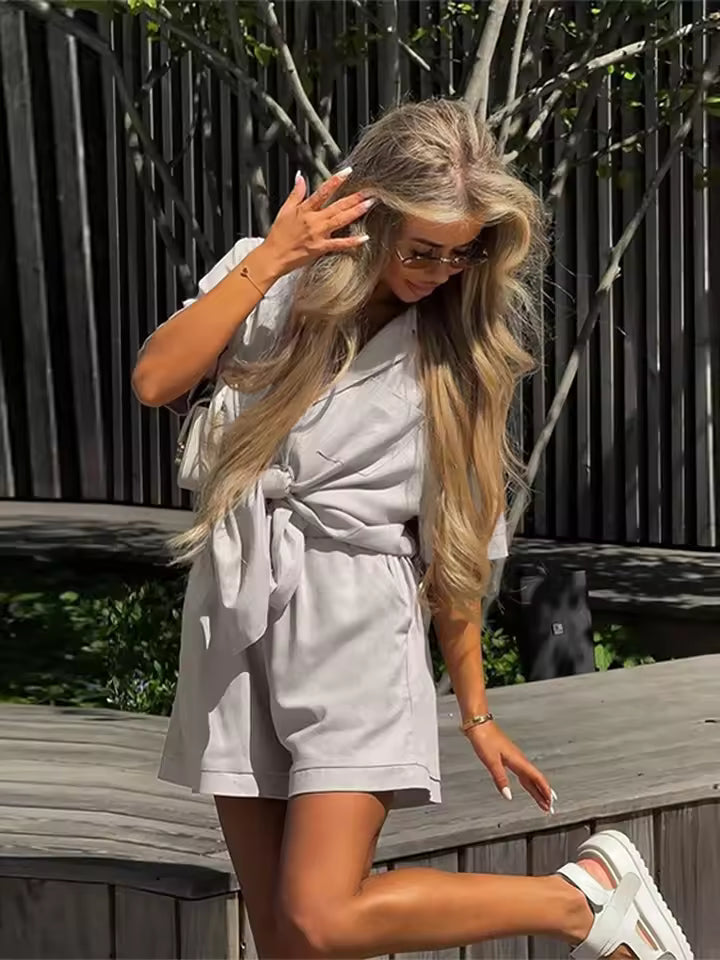 Casual Short Sleeve Turn-Down Collar Pocket Solid Lady Sets