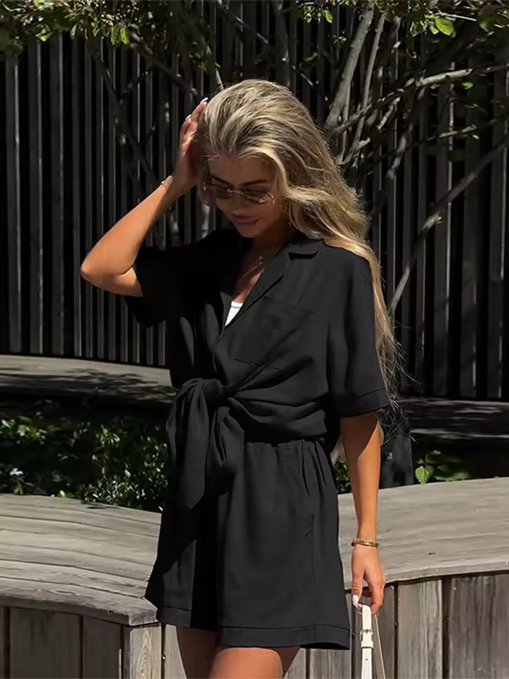 Casual Short Sleeve Turn-Down Collar Pocket Solid Lady Sets