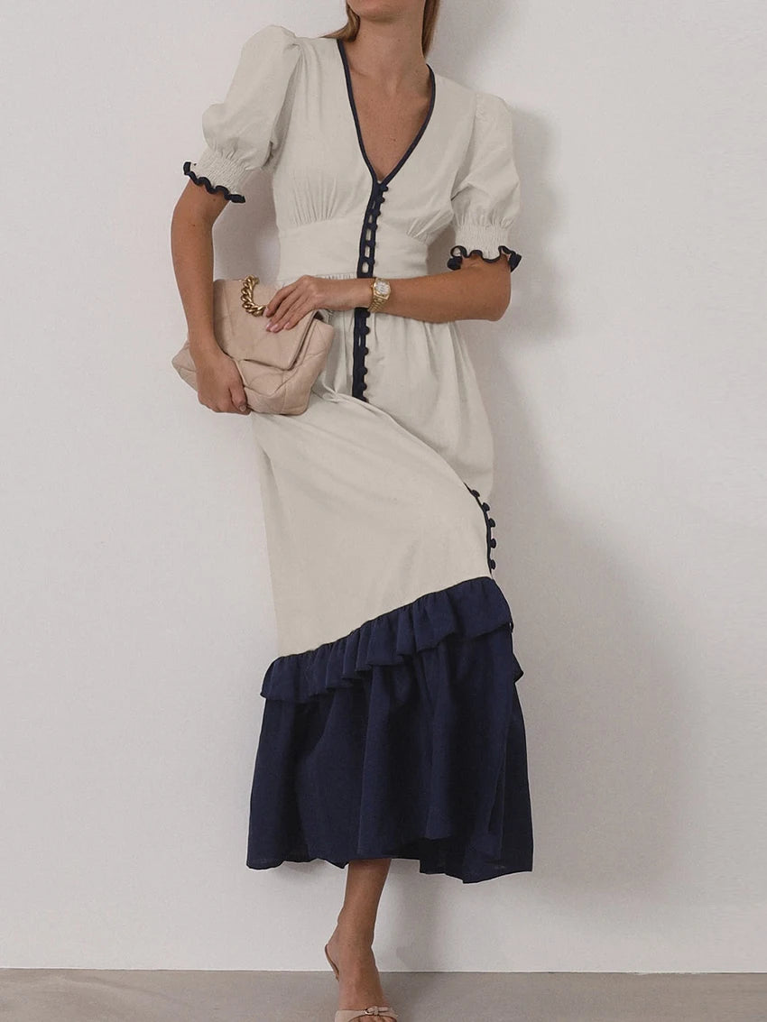 Casual Linen Short Sleeve V-Neck Ankle-Length Maxi Dress