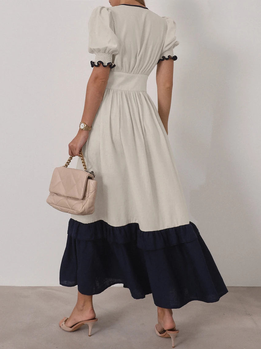 Casual Linen Short Sleeve V-Neck Ankle-Length Maxi Dress