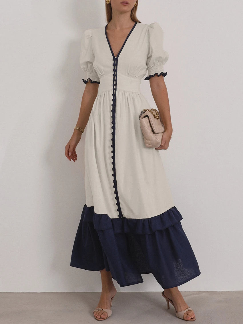 Casual Linen Short Sleeve V-Neck Ankle-Length Maxi Dress