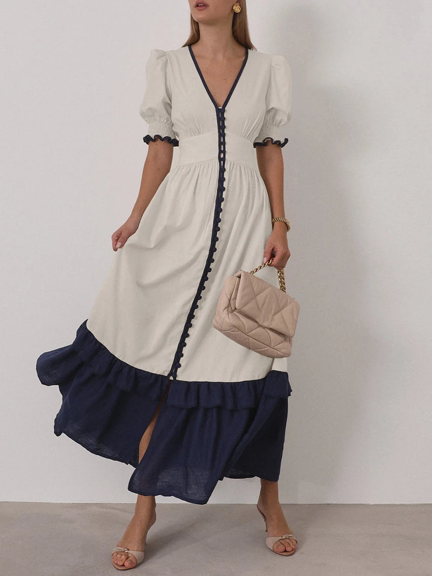 Casual Linen Short Sleeve V-Neck Ankle-Length Maxi Dress