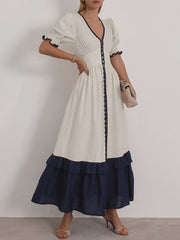 Casual Linen Short Sleeve V-Neck Ankle-Length Maxi Dress