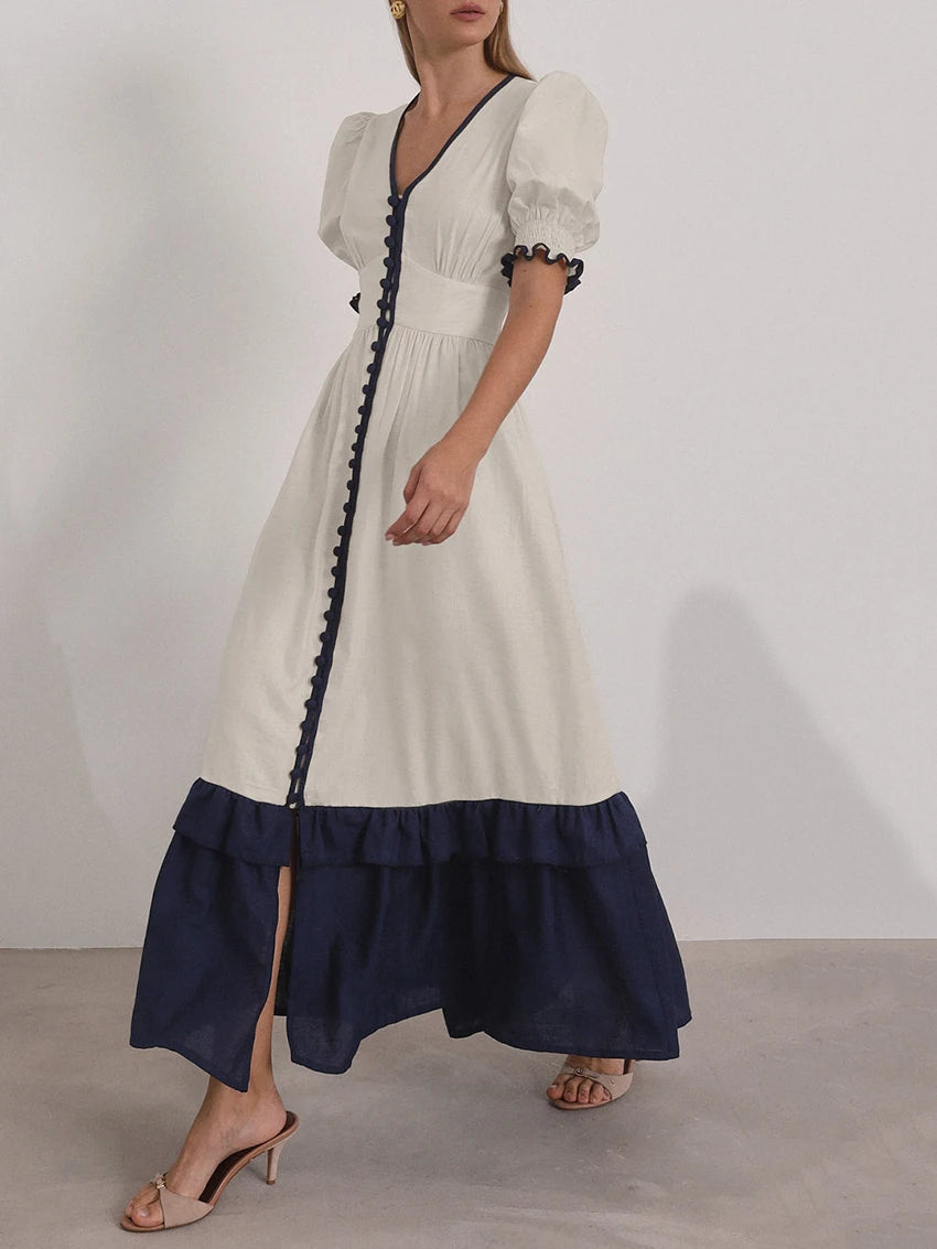 Casual Linen Short Sleeve V-Neck Ankle-Length Maxi Dress