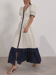 Casual Linen Short Sleeve V-Neck Ankle-Length Maxi Dress