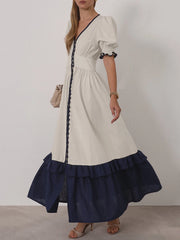 Casual Linen Short Sleeve V-Neck Ankle-Length Maxi Dress