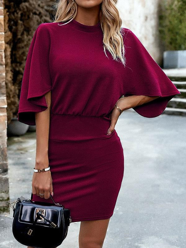 Casual Short Sleeves Buttons Jewel Neck Bodycon Sheath Dress
