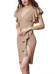 Casual Short Sleeves Cascading Ruffles V-Neck Slim Fit Sheath Bodycon Dresses