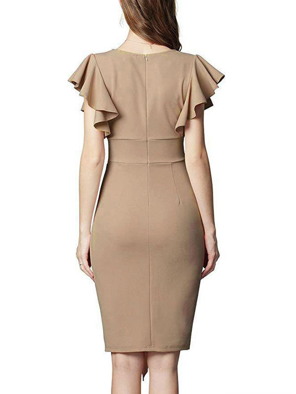 Casual Short Sleeves Cascading Ruffles V-Neck Slim Fit Sheath Bodycon Dresses