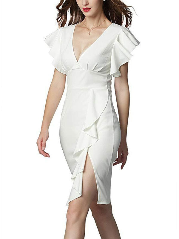 Casual Short Sleeves Cascading Ruffles V-Neck Slim Fit Sheath Bodycon Dresses