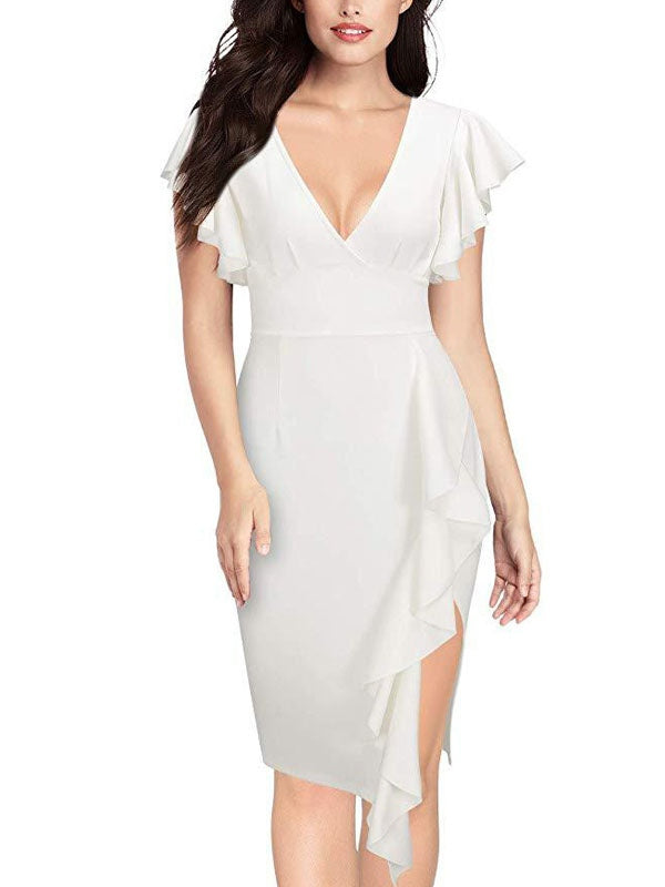 Casual Short Sleeves Cascading Ruffles V-Neck Slim Fit Sheath Bodycon Dresses