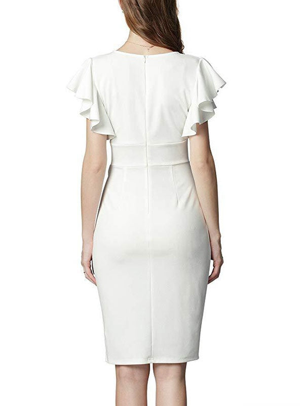 Casual Short Sleeves Cascading Ruffles V-Neck Slim Fit Sheath Bodycon Dresses